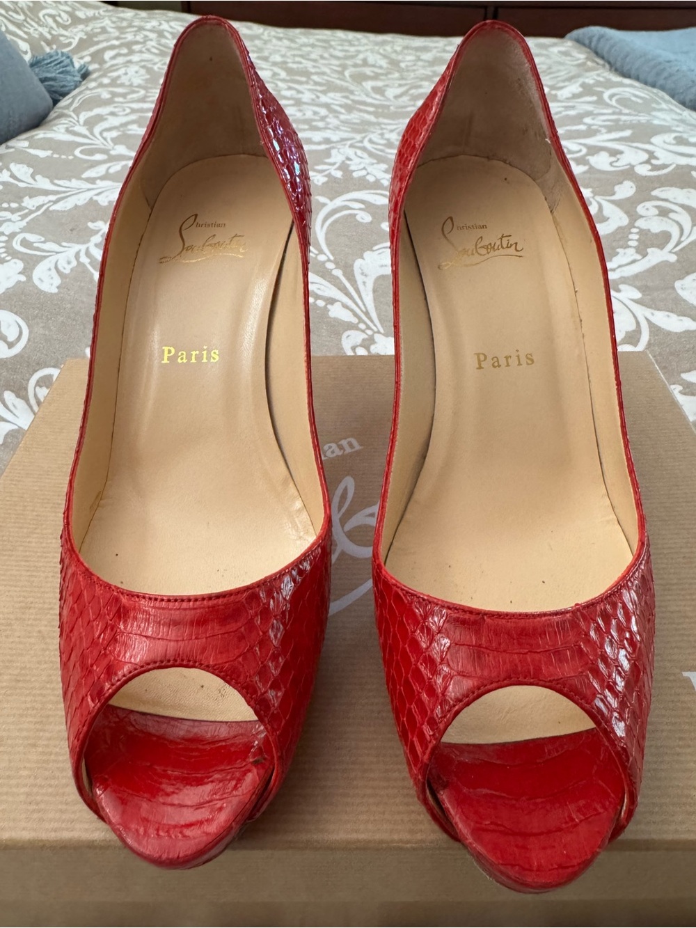 Christian Louboutin Red Leather Open-Toe Python Pumps